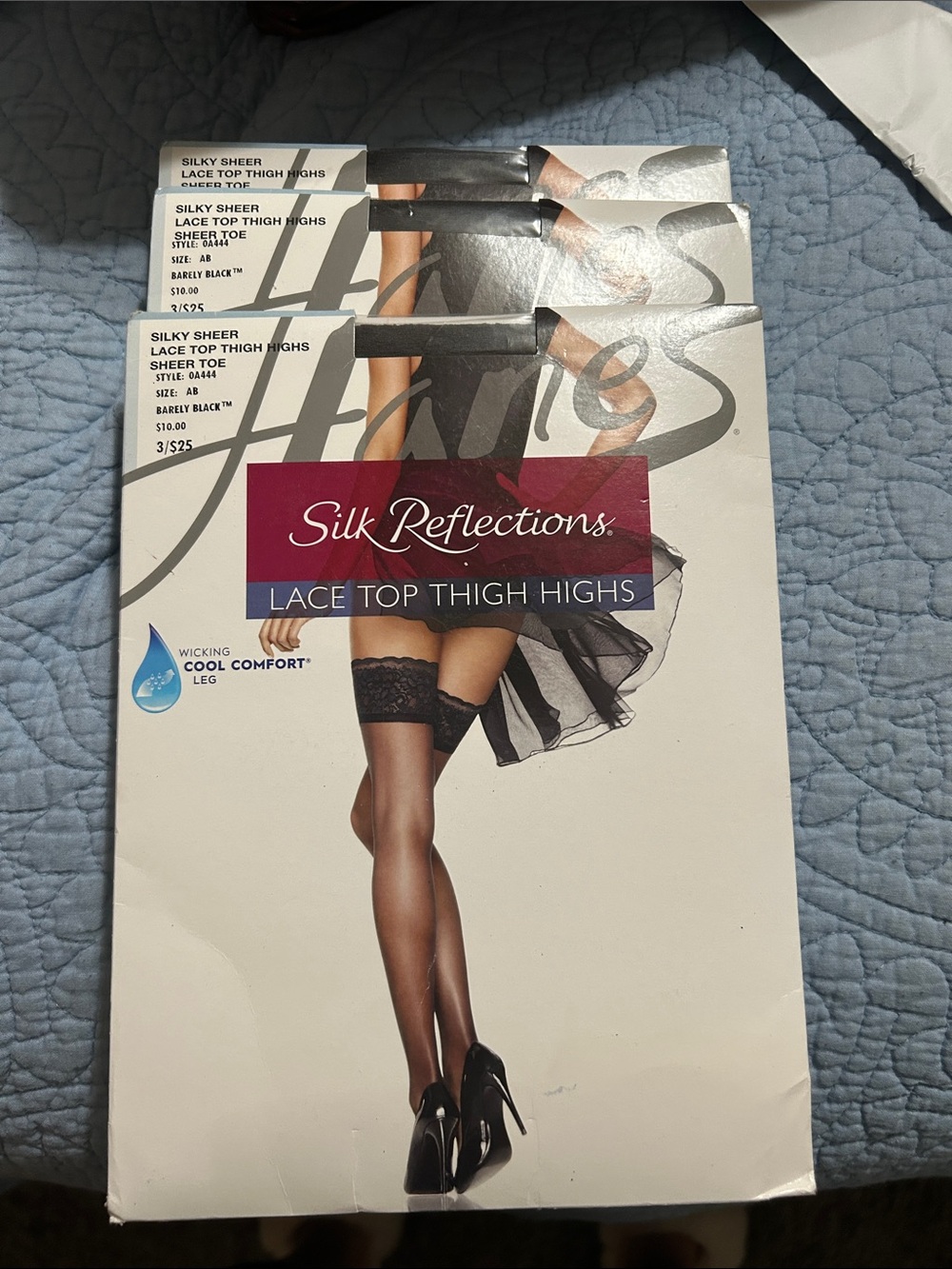 Hanes Silk Reflections Lace Top Thigh Highs - Black